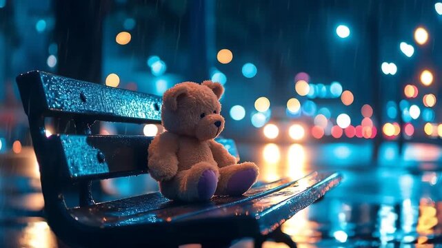 Lonely Teddy Bear Sitting on Wet Park Bench at Night with Bokeh Lights stuffed animal