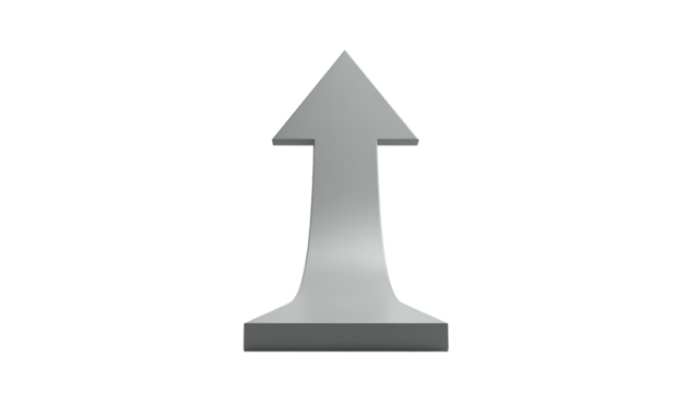 A simple, silver, upward-pointing arrow on a black background. 3D rendering, isolated