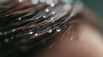Close-up of water droplets delicately clinging to strands of hair, creating a glistening effect. The blurred background adds depth and emphasis to the water droplets. The dew-kissed hair gleams softly