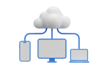 Cloud computing concept connecting smartphone, desktop, and laptop devices, ideal for modern tech and data transfer visuals
