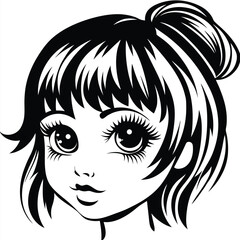 Young woman's face features big eyes and stylish bun shown in black tones