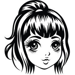 Monochrome drawing shows a girl with long lashes and a stylish updo hairstyle