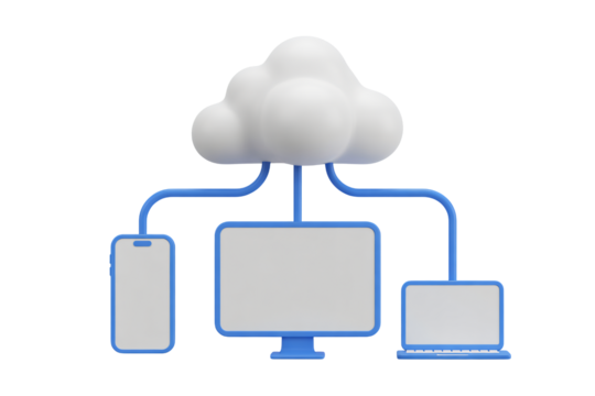 Cloud computing concept connecting smartphone, desktop, and laptop devices, ideal for modern tech and data transfer visuals
