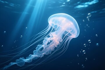 Jellyfish gracefully floating in the deep blue sea. For ocean, nature, and aquatic-themed projects