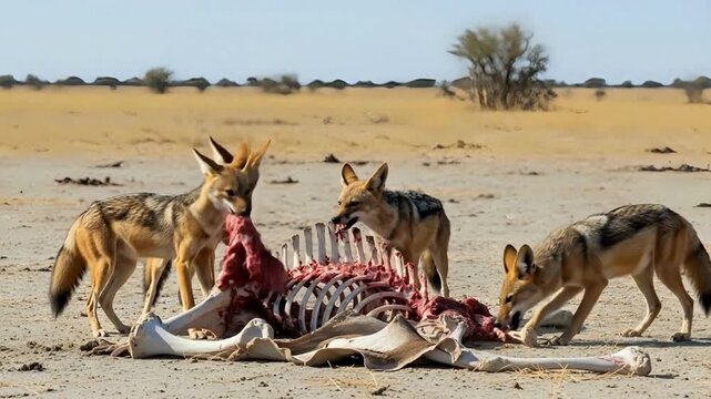 Black-backed jackals scavenging animal carcass in African savanna. Wild jackal pack feeding on prey remains. Scavengers eating meat from skeletal ribcage.