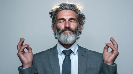 A serene man in a suit meditates with a peaceful expression, embodying mindfulness and calmness against a simple background, colleagues helping in teamwork