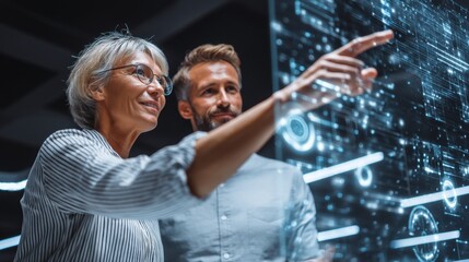 Two professionals collaborate, engaging with digital data on a futuristic interface, highlighting teamwork and technology in a modern workspace, colleagues helping in teamwork