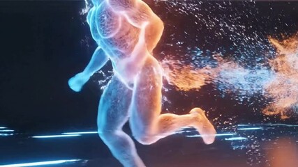Powerful runner's vibrant energy visualized as a dynamic stream of particles in a futuristic running motion video - Powered by Adobe