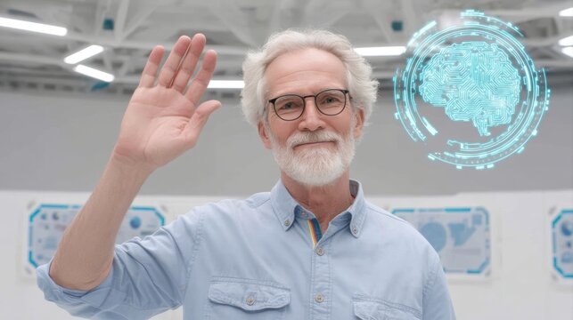 A smiling older man with glasses waves, surrounded by a futuristic environment featuring digital elements and circuits, representing technology and innovation, colleagues helping in teamwork