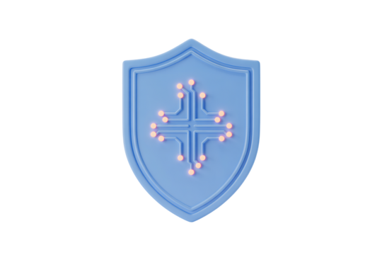 Digital security shield symbol with circuit board design, protecting data and networks, representing online safety and cyber protection