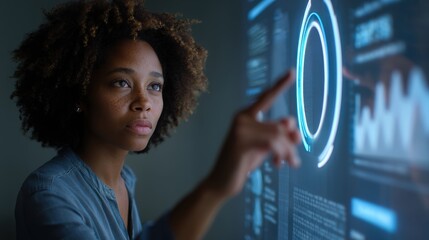 A focused individual interacts with a digital interface, showcasing advanced technology and data visualization in a modern, immersive environment, colleagues helping in teamwork