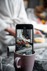Homemade baking idea in the kitchen, smartphone view, lifestyle content