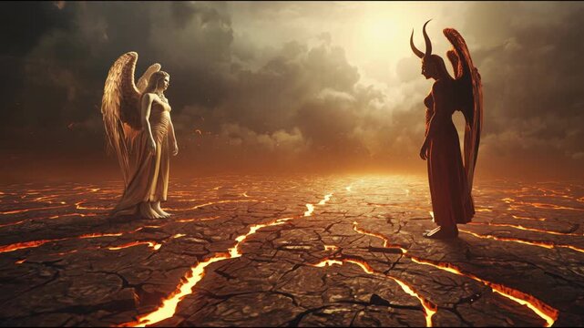 Angel and Demon Confrontation on Cracked Earth