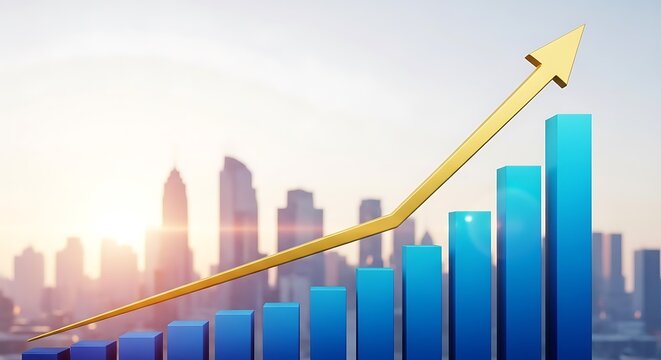 Business growth chart showing positive direction with urban city background