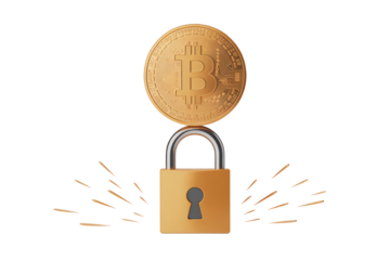 Bitcoin secured by golden padlock, representing crypto security, digital finance protection, and investment safety for financial technology