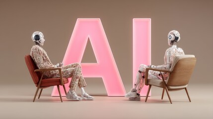 Two stylized humanoid figures sit in chairs, engaged in conversation, with a large illuminated "AI" sign in the background, symbolizing artificial intelligence, colleagues helping in teamwork