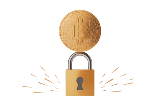 Bitcoin secured by golden padlock, representing crypto security, digital finance protection, and investment safety for financial technology