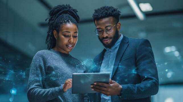 A young couple engages with a tablet, exploring digital content in a modern, tech-savvy environment, colleagues helping in teamwork