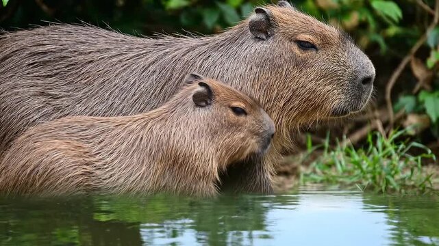 Two capybaras stand together in shallow water