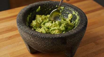Avocado being mashed in a stone molcajete, enriched by warm tones and dynamic shadows.