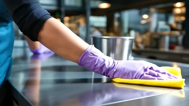 Industrial kitchen cleanliness visual &mdash; eco-cleaning product applied to steel counter, gloved hand wiping with precision, gleaming highlights and warm tone, with copy space.