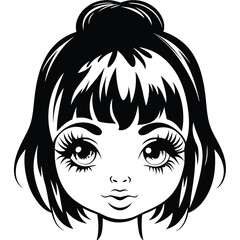 Monochrome girl portrait shows stylized black hair, big eyes, and simplified facial features