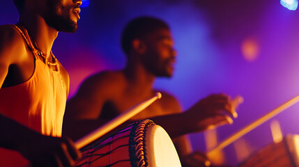 Rhythmic resonance: Musicians in vivid light, pulsating beats. Traditional instruments, a vibrant cultural display. Drum rhythms echoing in the colorful ambiance.
