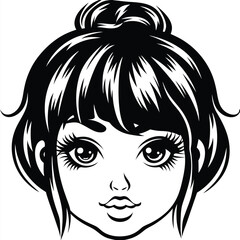 Monochrome stylized depiction showcases a woman's face with large eyes and tied hair