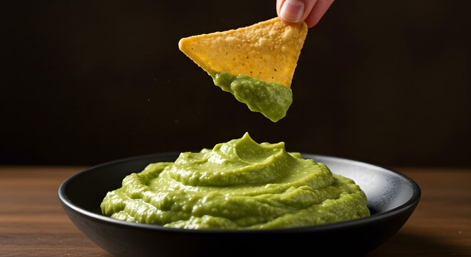 Chip hovering above guacamole in a bold, high-impact food shot.