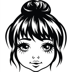 Young girl's detailed monochrome face has a hair bun and enormous eyelashes