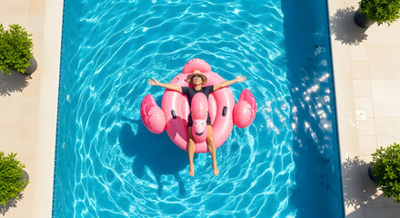 Top view of a person floating on an inflatable flamingo in a bright blue swimming pool, with reflections of sunlight on the water.