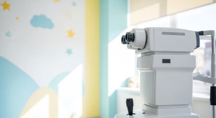 Slit lamp biomicroscope close up for ophthalmology exam in a children's clinic. Eye care, vision testing, and vision impairment diagnosis. Healthcare technology.