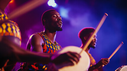 Rhythmic fusion: African drummers create a mesmerizing soundscape, their vibrant attire matching the stage's energy. Experience the beat!