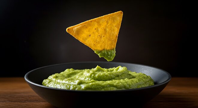 Dramatic backlit freeze of a chip poised above fresh guacamole.