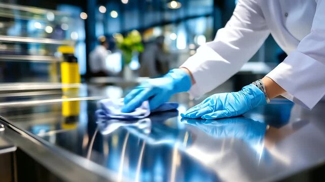 Modern food service environment &mdash; gloved worker cleaning shiny stainless surface, bright white reflections emphasizing spotless hygiene, with copy space.