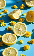p shot vibrant sunlit arrangement featuring delicate lemon slices bright yellow flower petals scattered across brilliant blue