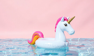 pastel pink background vibrant inflatable unicorn pool toy partially submerged water soft natural