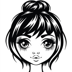 Monochromatic portrait reveals a young woman with big eyes and bun hairstyle