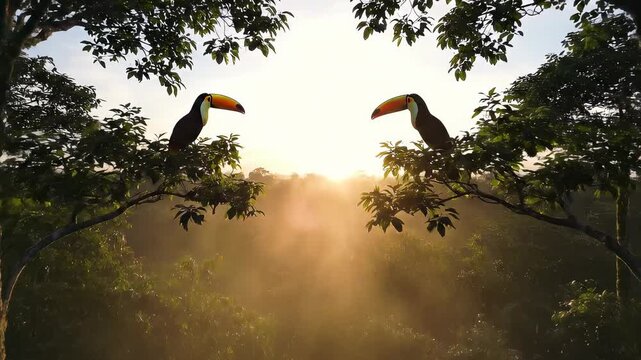 Two toucans perched on branches in a misty jungle at sunrise
