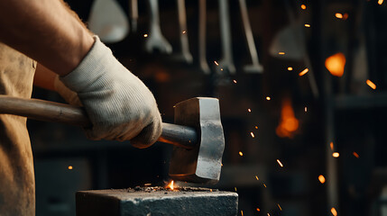 A gloved blacksmith hammering metal on an anvil in a forge with sparks flying in the workshop. The tool racks hang on the wall in the blurred background. Hard work.