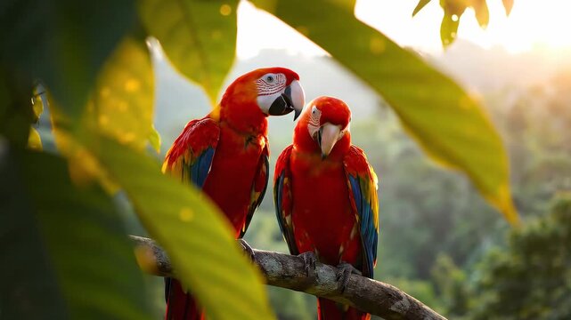 Two vibrant macaws perched on a branch in sunlight