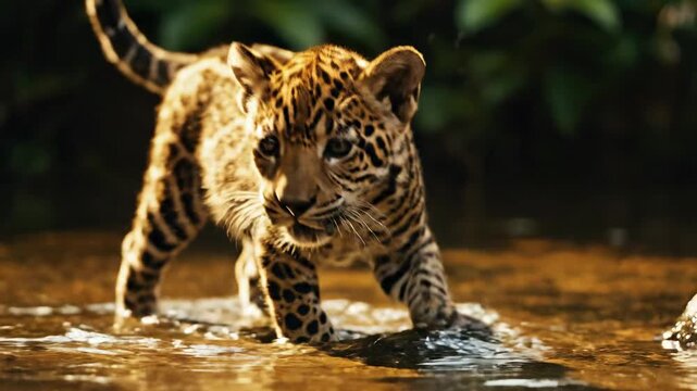 Young jaguar cub walks through shallow water in sunlight