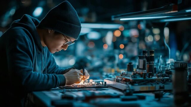 In a digital forensics lab dedicated to cybercrime investigations, a proficient technician examines electronic devices for evidence.