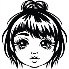 Stylish young woman showcases an elegant updo and expressive large eyes in monochrome