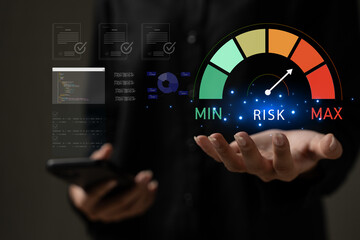  Investor Risk Management and Assessment Concept. A business or investor holding magnifying glass...