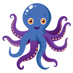 Cute cartoon blue octopus with purple tentacles silhouette isolated on white background