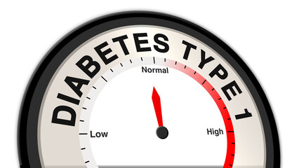 Diabetes Type 1 at normal severity shown on a barometer or tachometer, reflecting stable blood sugar levels, mild symptoms like occasional fatigue and thirst, with focus on daily management and monito