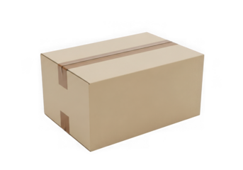Brown cardboard shipping box for packaging and delivery logistics isolated on transparent background