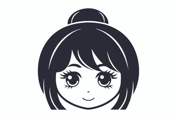 Simple black and white girl head portrays cute mangastyle face with big eyes