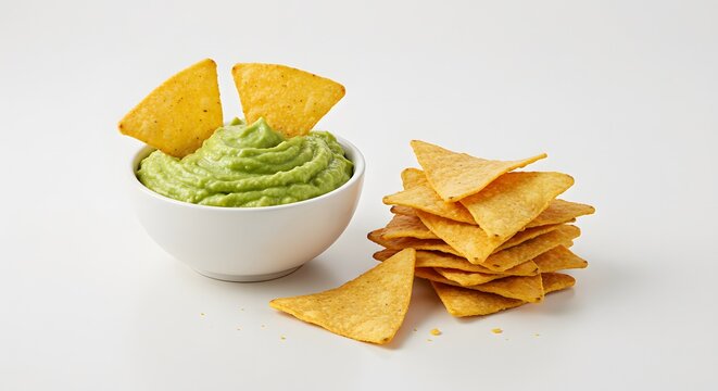 Stylish guacamole and chips display with ample branding space and balanced composition.